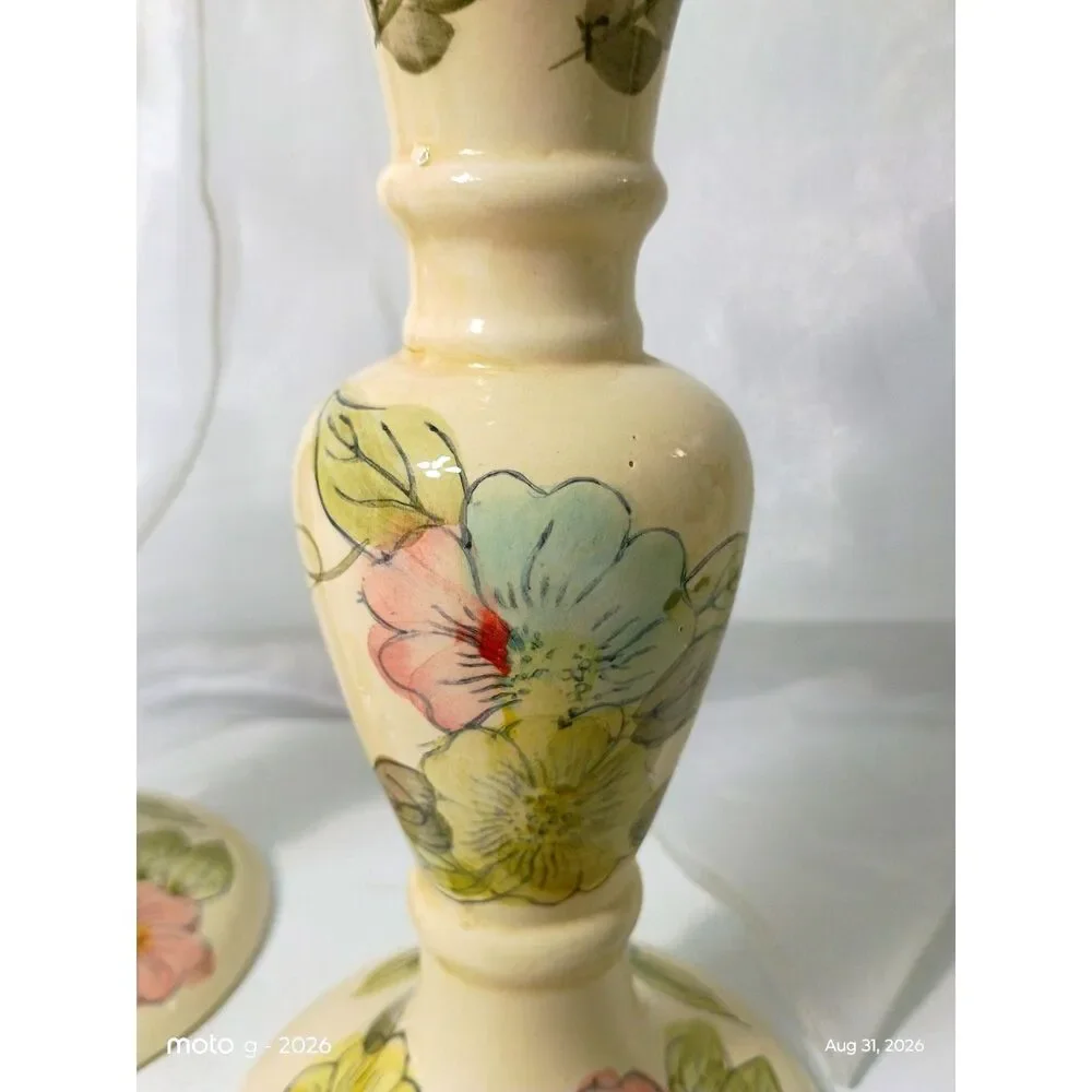 Vintage Hand Painted Floral Ceramic Taper Candle Holders Set Pair Yellow Roses